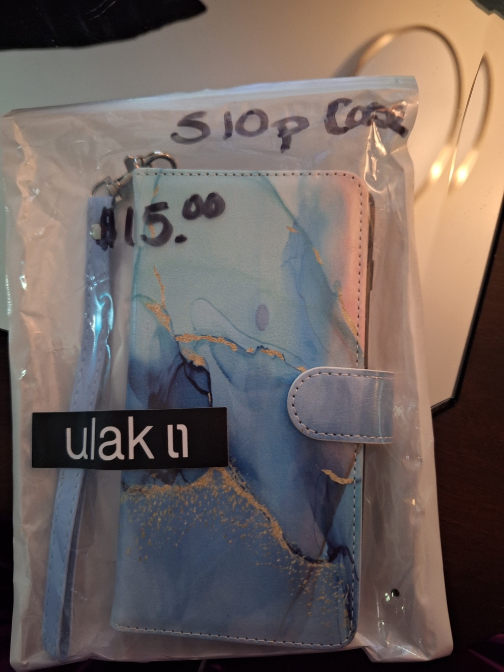 ulak Blue Marble Wallet Phone Case with Wrist Strap